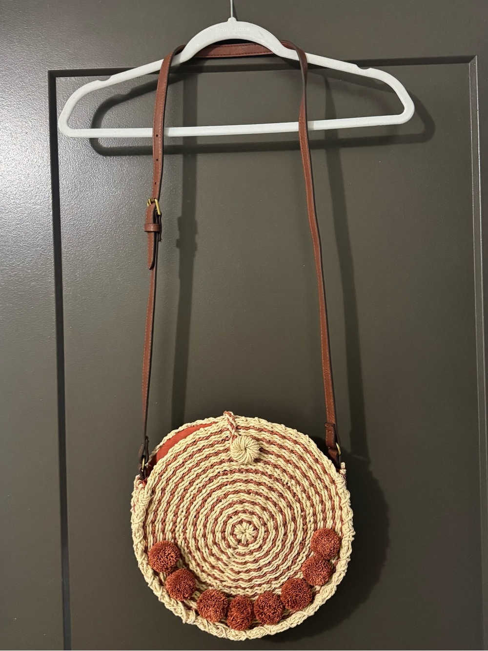 Fossil Round Woven Crossbody in Natural and Rust Brown
